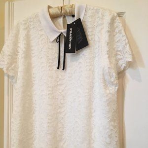 NWT - Karl Lagerfeld White lace top w/ black bow